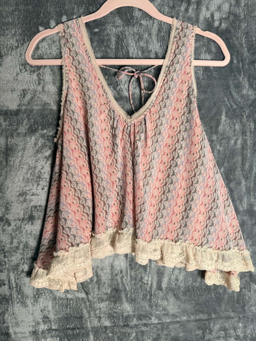 Free People Boho Lace Trim Tank Top Raw Edge Pastel Print S Festival Romantic